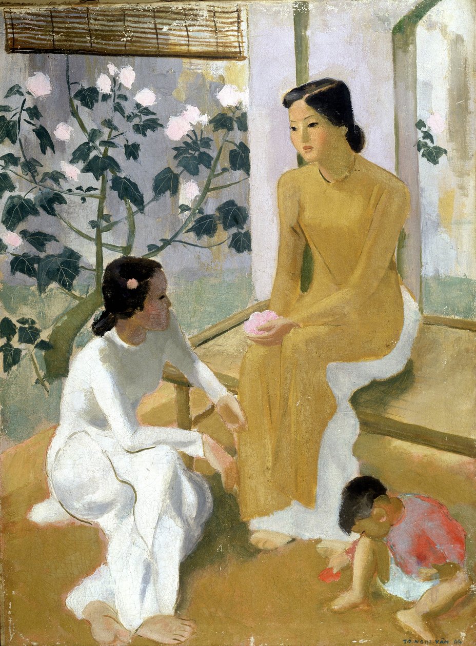 Kvinder og børn. Oliemaleri af To Ngoc Van af Tô Ng?c Vân