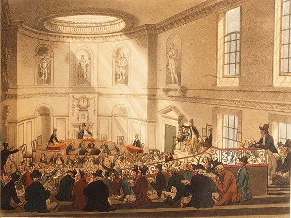 India House, Sale Room, pub. af Ackermann af T. and Pugin A.C. Rowlandson