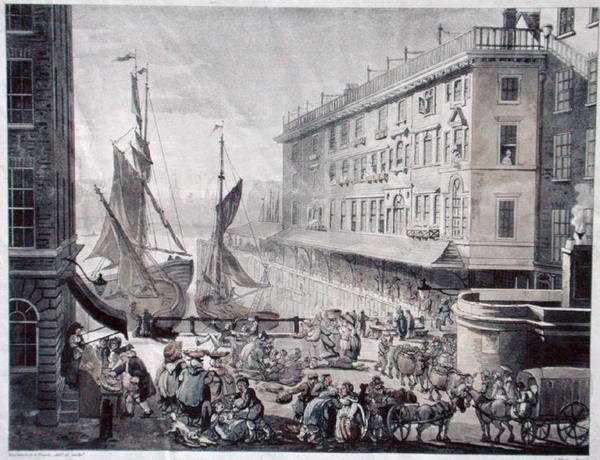 Billingsgate Market, graveret af J. Bluck (fl.1791-1819) (akvatint) af T. and Pugin A.C. (after) Rowlandson