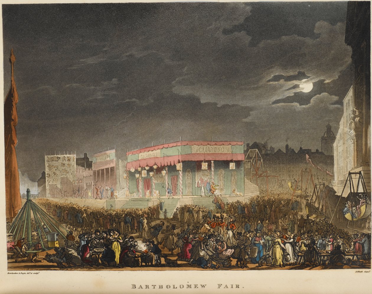 Bartholomew messe. Først afholdt i 1813, det var en årlig begivenhed, hver august nær Smithfield og var Londons længste kørende gadeteater. af T. & Pugin A.C. (1762 1832) (after) Rowlandson