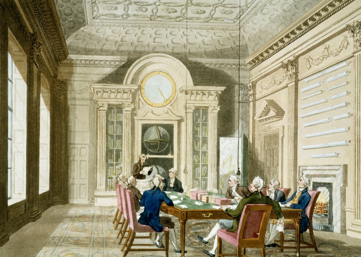 Den britiske admiralitets administrationsrum. Farvet radering offentliggjort den 1. januar af T. & Pugin A.C. (1762 1832) (after) Rowlandson