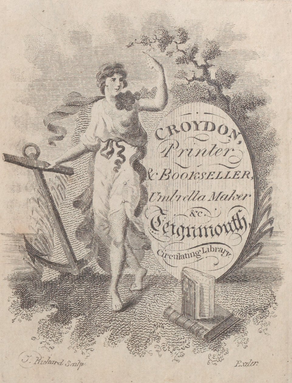 Handelskort for Croydon, printer, boghandler og paraplymager, 1800-tallet., 1800-tallet. af T. Rickard