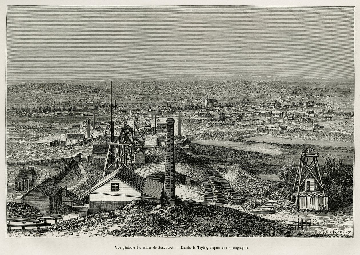 Generelt billede af Sandhursts miner, gravering efter en tegning af Taylor, for at illustrere historien seks måneder i Australien, af Desire Charnay, missionsopgave af Ministeriet for Offentlig Undervisning, i 1878, offentliggjort i tour du monde, under le af T Taylor