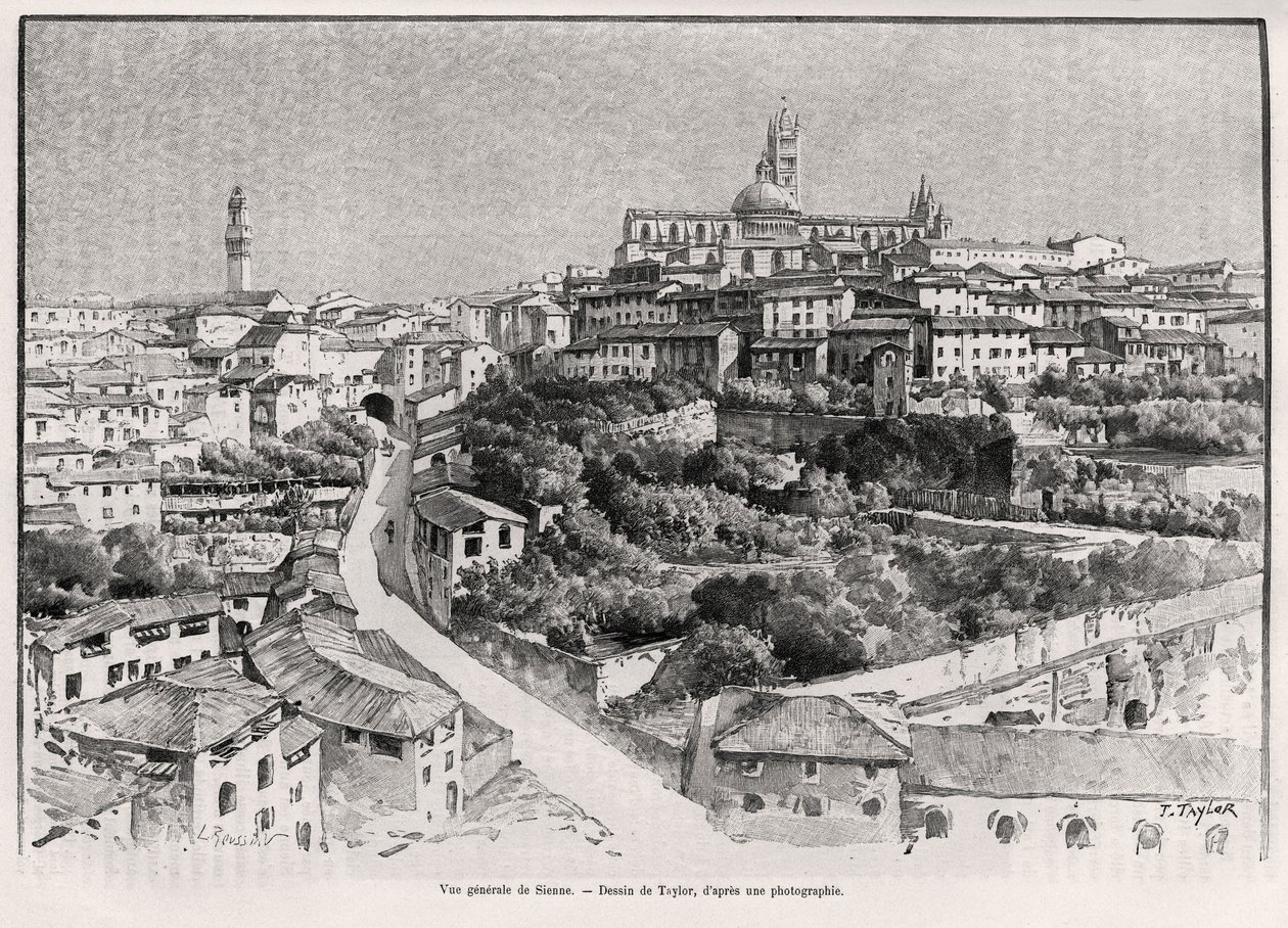 Generel udsigt over Siena (Italien). Gravering af Taylor for at illustrere historien "" A travers la Tuscane"" af Eugene Muntz (1845-1902), i Le tour du Monde 1892, instrueret af Edouard Charton (1807-1891), Hachette, Paris. af T Taylor