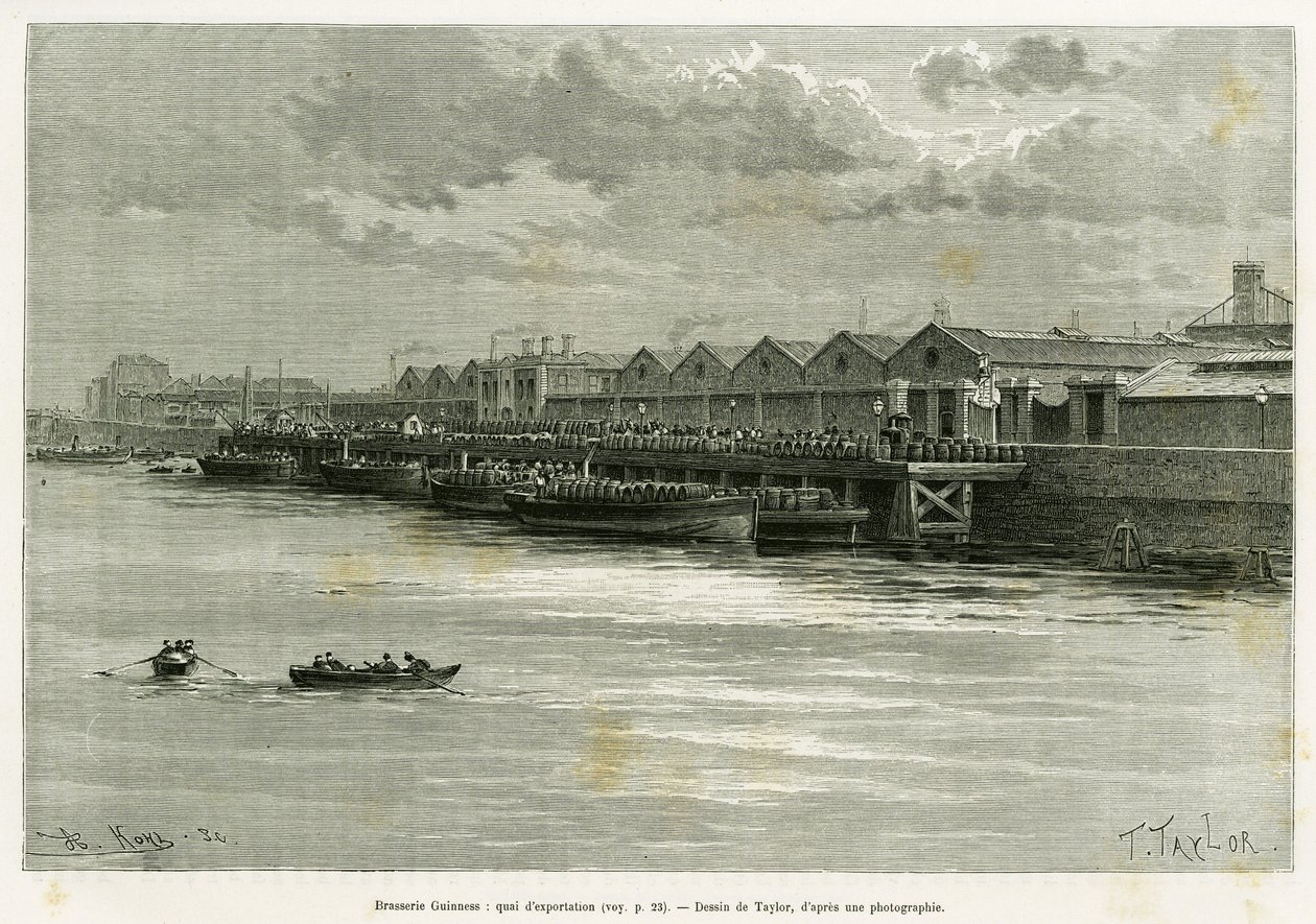 Guinness Bryggeri, eksportdok. Gravering af Taylor, for at illustrere historien Trois mois en Irlande, i 1889, af Marie Anne de Bovet, i le tour du monde 1890, instrueret af Edouard Charton (1807-1890), Hachette, Paris. af T Taylor