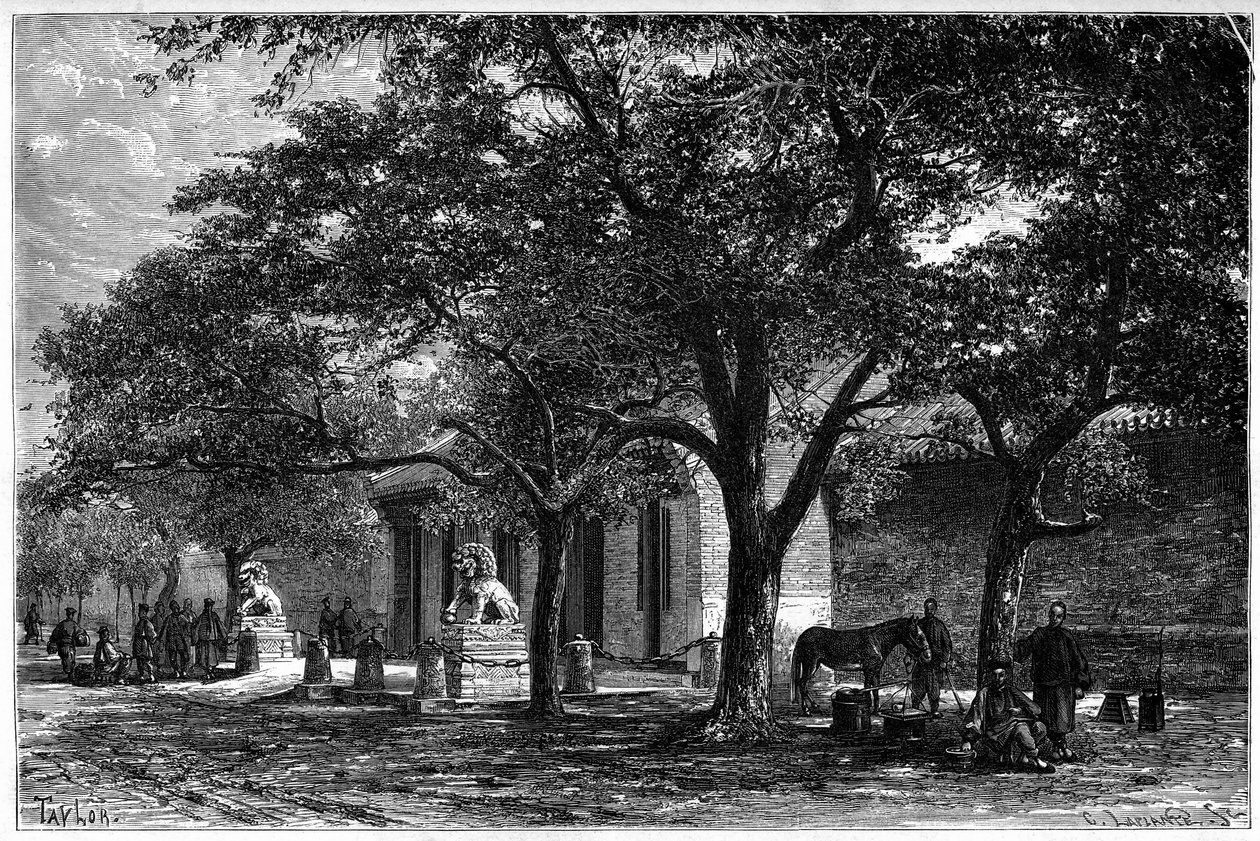 Legation of France gik ind i Pekin (Beijing) i det 19. århundrede. Gravering fra en tegning af Taylor, fra et fotografi af Dr. Morache, i "" Le Tour du Monde, Nouveau journal des Voyages", redigeret af Edouard Charton, Paris af T Taylor