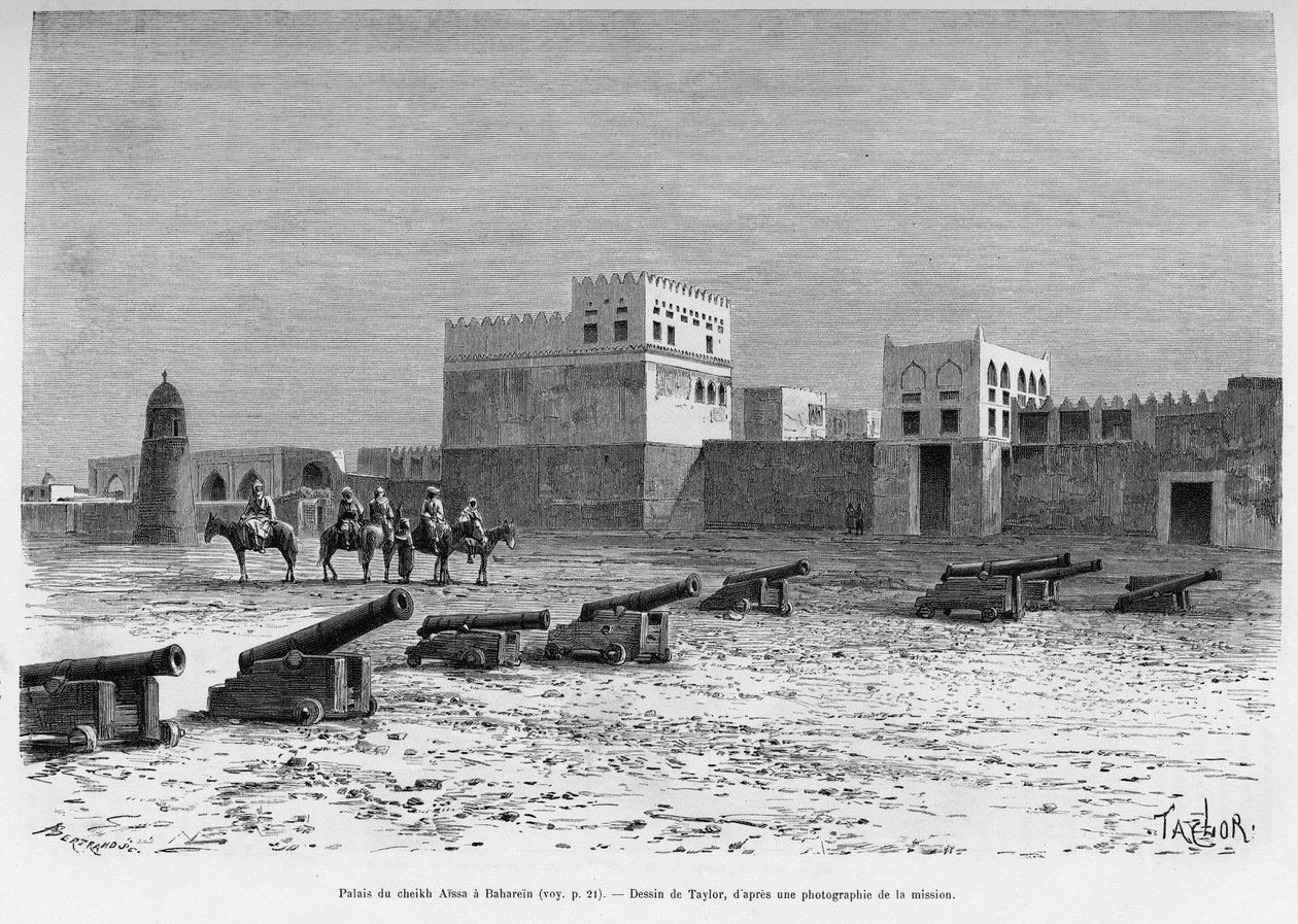 Sheikh Aissa Palace i Bahrain, Tchad. Taylors gravering for at illustrere historien A Suse, journal des excavilles af T Taylor