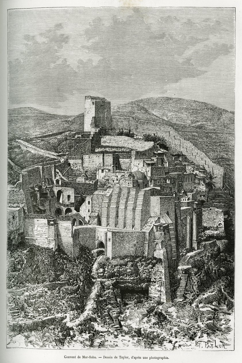 Klosteret Mar-Saba (Mar Saba) (Palæstina). Taylors gravering, for at illustrere historien om nutidens Syrien, af M. Lortet, dekan ved det medicinske fakultet i Lyon, med ansvar for en videnskabelig mission af Ministeriet for Offentlig Undervisning, offentl af T Taylor