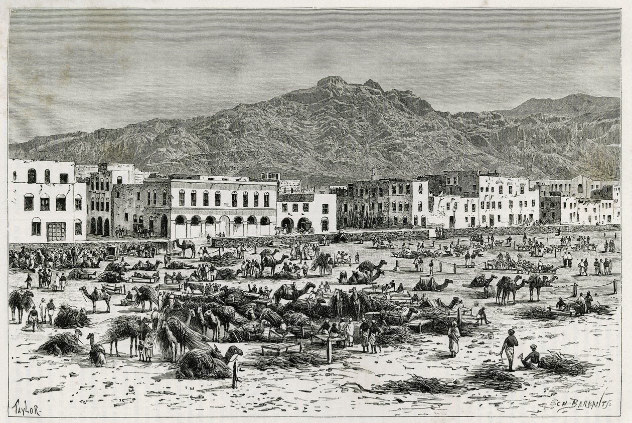 Marchen i Aden (Yemen). Taylors gravering, for at illustrere historien ""Rejsen til Benadir, Somalierne og Bayoun"", i 1882-1883, af M.G.Revoil. Udgivet i Le Tour du monde, nouveau journal des voyages af T Taylor