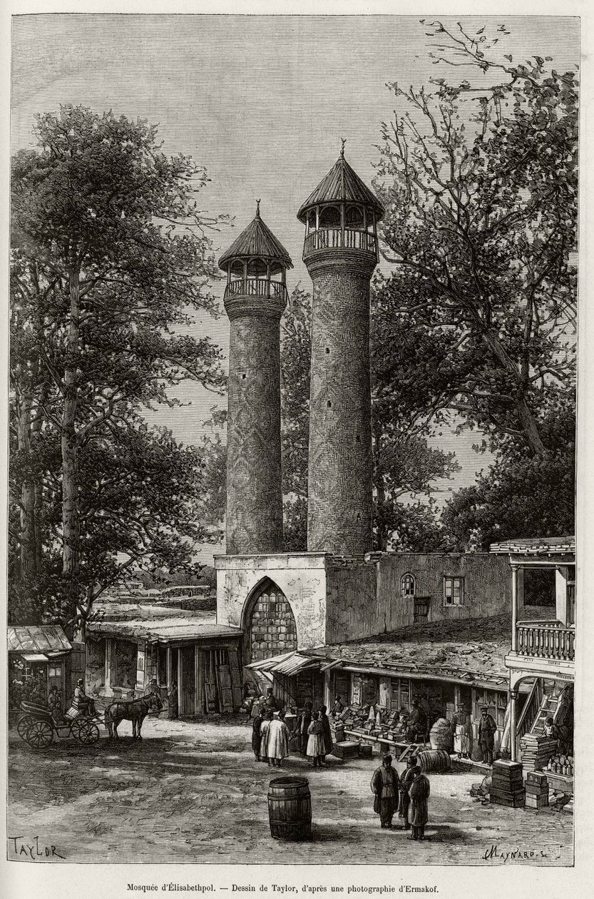 Moskeen Elisabethpol (eller Gandja eller Kirovabad, Aserbajdsjan). Gravering af Taylor, for at illustrere historien "A travers l