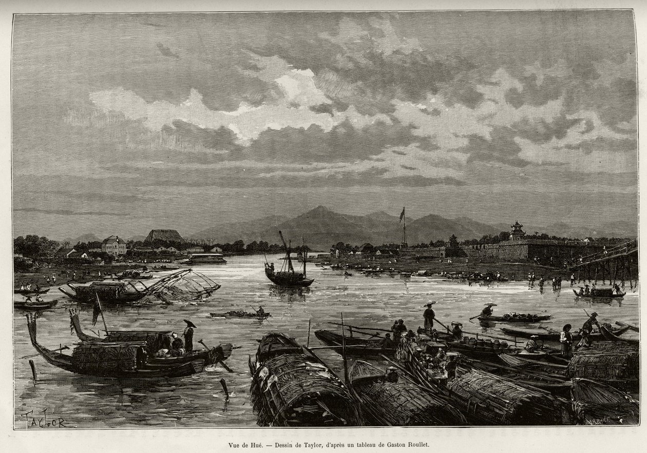 Udsigt over Hue (Vietnam), med beskrivelse af navigation på Song Huong-floden og Thien Mu-pagoden, bag omkredsmurene. Gravering af Taylor, for at illustrere historien "" Trente mois au Tonkin"" af Dr. Charles Edouard Hocquard (1853-1911), i 1885, i af T Taylor