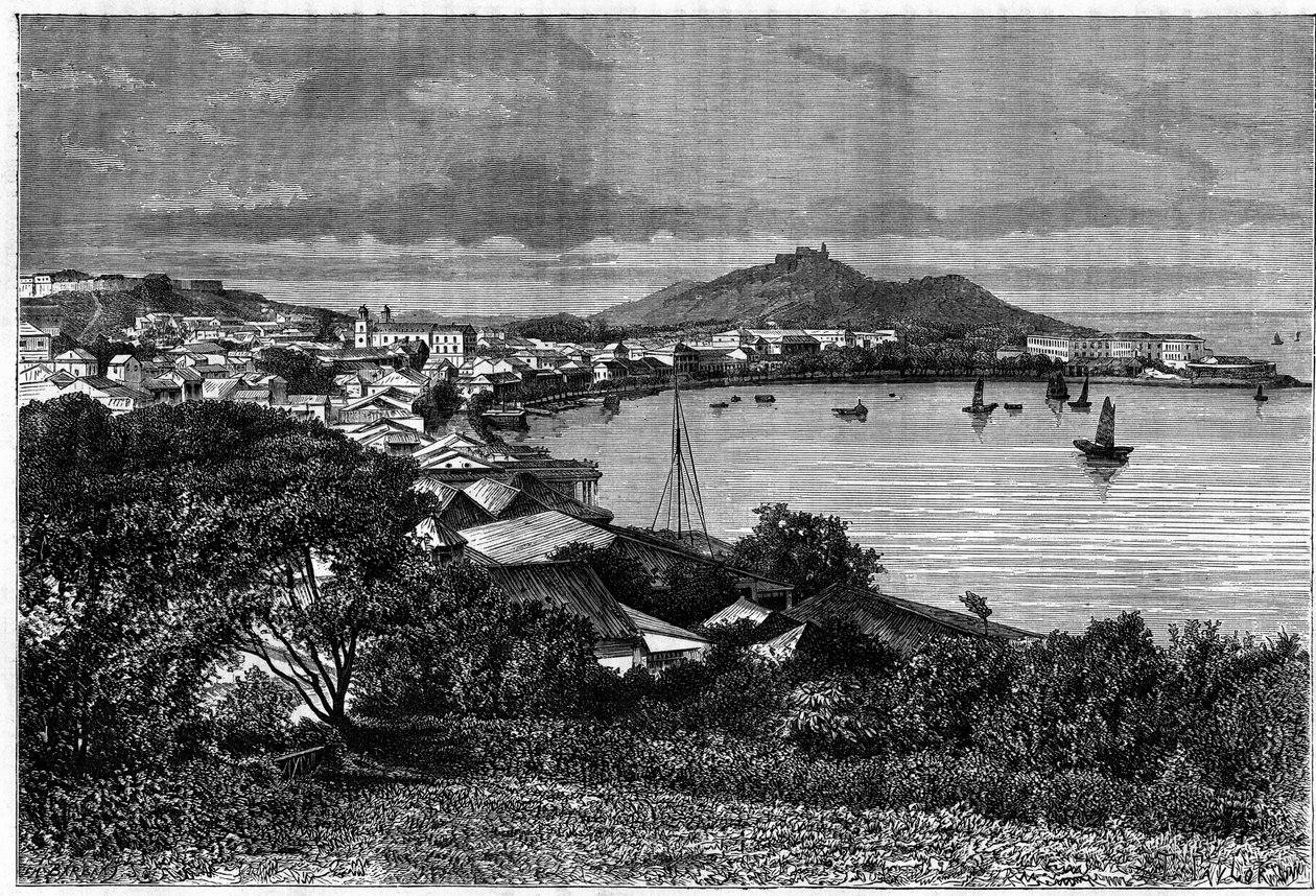 Udsigt over Macau-bugten. Gravering efter en tegning af Taylor, i "Le Tour du Monde, Nouveau journal des Voyages", redigeret af Edouard Charton, Paris af T Taylor