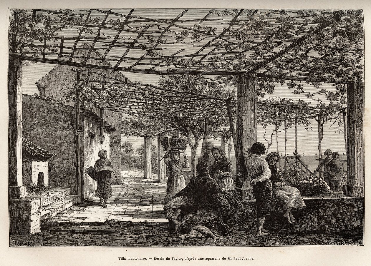 Villa Menton, gravering efter Taylors tegning, der illustrerer rejsen af Menton og Bordhighera, i 1871, af Adolphe Joanne, udgivet i "Le tour du monde"" 1874, redigeret af Edouard Charton, Hachette-udgaven, Paris. Selva samling. af T Taylor