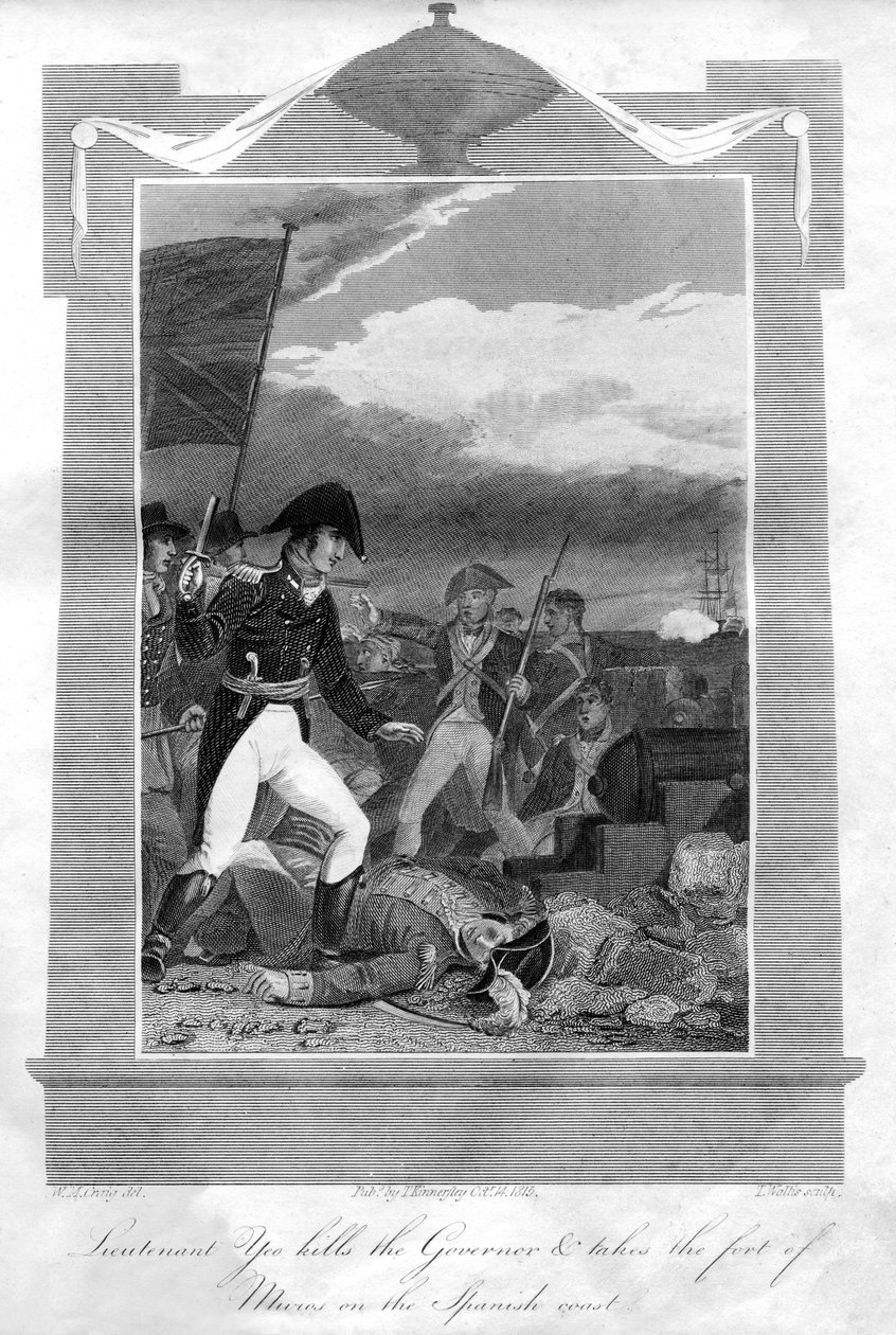 Løjtnant Yeo dræber guvernøren og indtager fortet Muros på den spanske kyst, 1816 af T. Wallis
