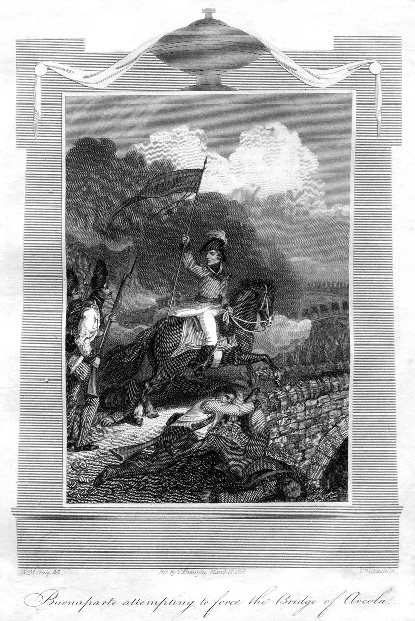 Napoleon Bonaparte forsøgte at tvinge Arcolas bro, 1816. af T. Wallis