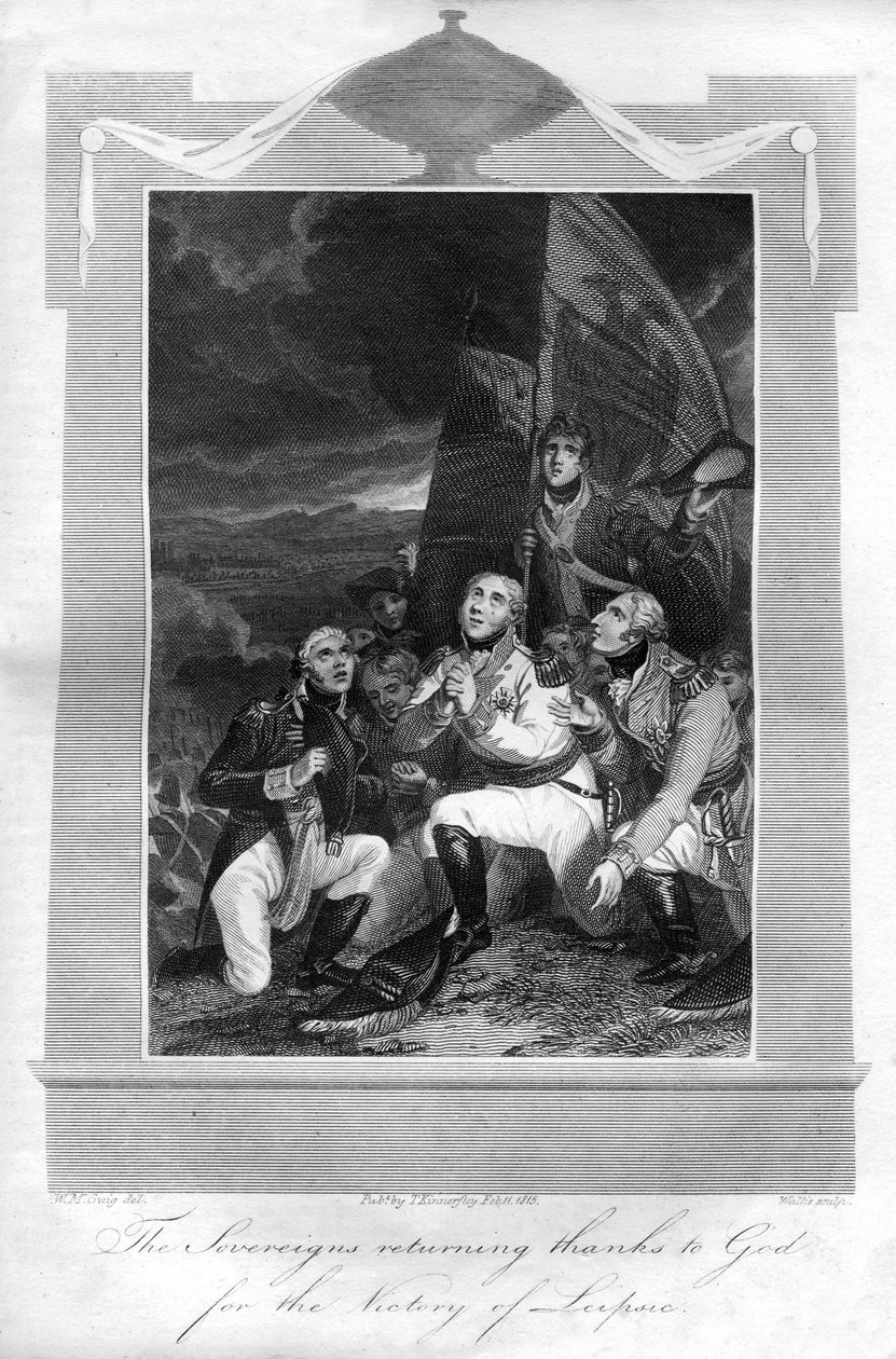 Herskere vender tilbage takket være Gud for Leipzigs sejr, 1816. af T. Wallis