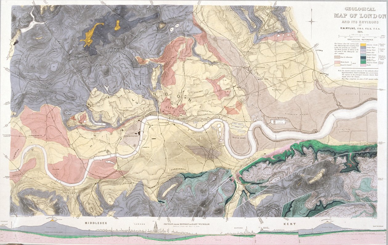 Geologisk kort over London og det omkringliggende område, 1871 af T Walsh