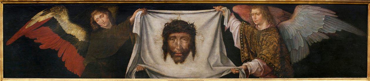 Engle, der bærer det hellige ligklæde - Maleri fra Frere Carlos værksted (flamsk maler aktiv mellem 1517-1544), olie på træ, ca. 1520-1530 (Engle med det hellige ansigt, af broder Carlos værksted, olie på panel, ca. 1520-1530) - Musée d
