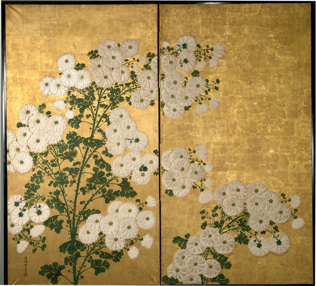 Skærmpaneler dekoreret med blomster. c. 1840 (maleri af bladguld og lak) af Tabukun Hokio