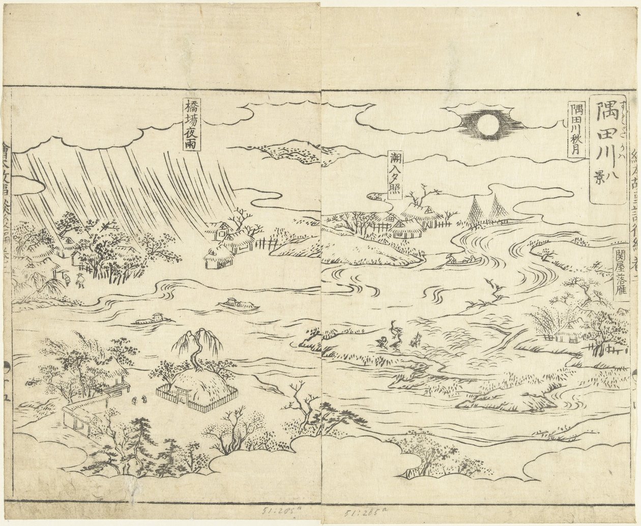 Otte udsigter over floden Sumida Sumidagawa hakkei (titel på objekt) Ehon kojidan (serietitel på objekt) af Tachibana Morikuni