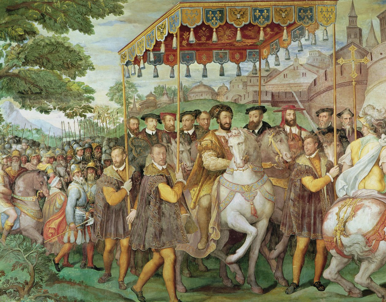Kejser Karl Vs (1500-58), Frans I (1494-1547) og Alessandro Farneses (1546-92) højtidelige indtog til Paris i 1540 fra 