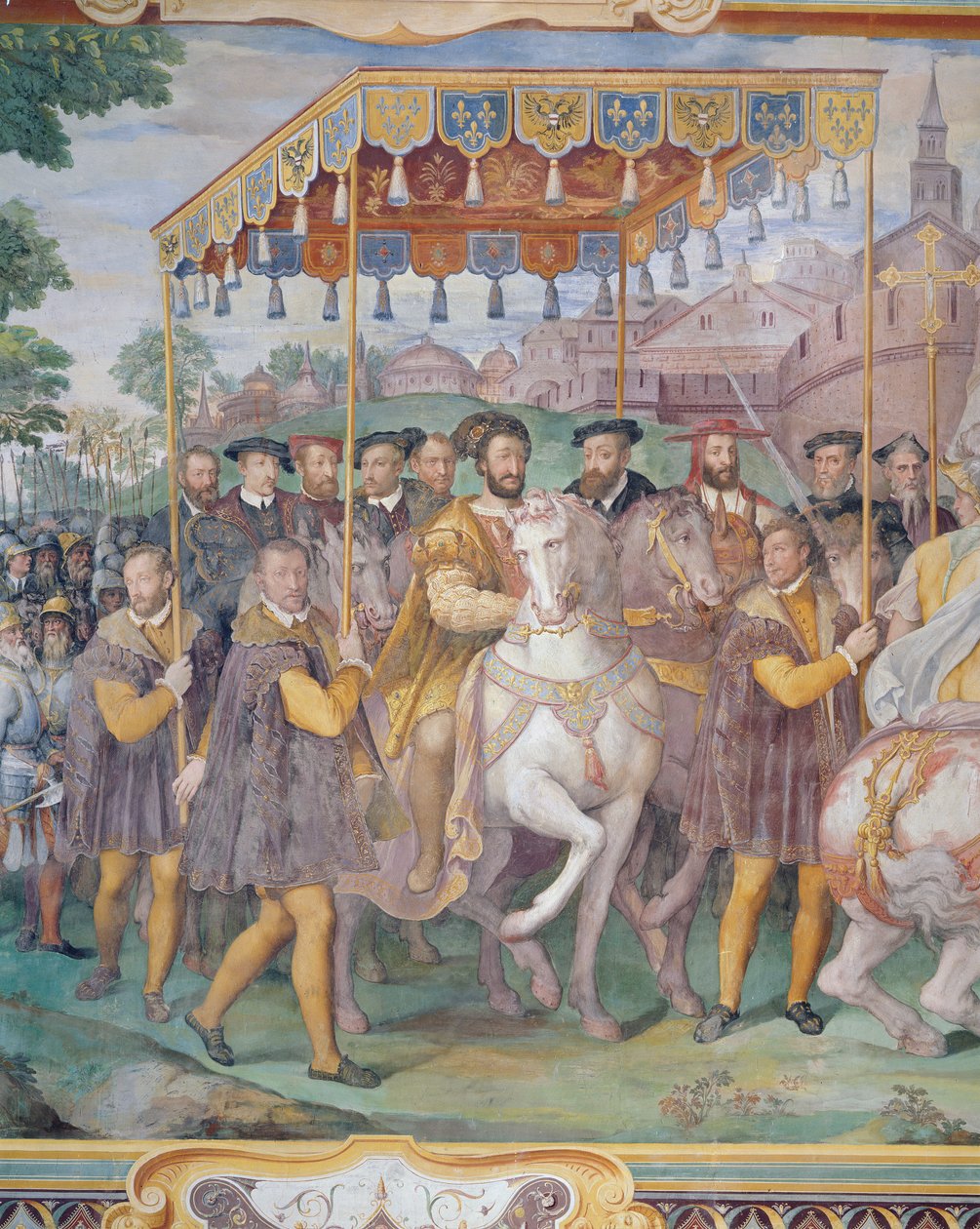 Kejser Karl V, Frans I og Alessandro Farneseses højtidelige indtog i Paris i 1540, fra "Sala dei Fasti Farnese", 1557-66 af Federico Zuccaro