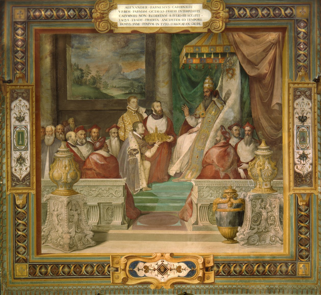 Alessandro og Ottavio Farnese præsenterer en model af byen Piacenza for pave Julius III af Taddeo Zuccari