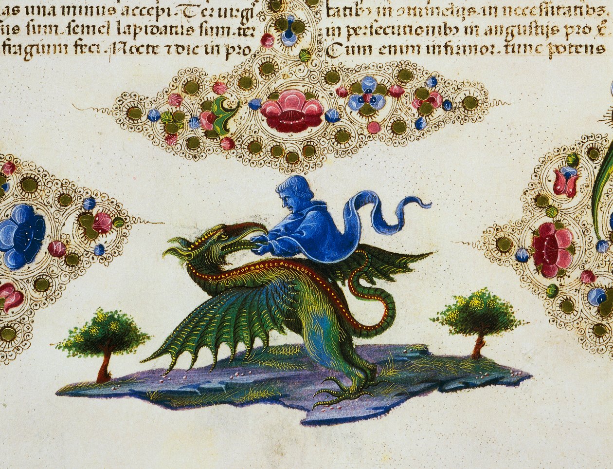 Grænsefrise ved foden af siden med genifigur og bevinget monster, bind II f 198, v, Bible of Borso d