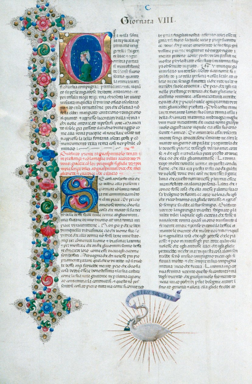 Oplyst manuskriptside fra Decameron, af Giovanni Boccaccio, italiensk, c1467. af Taddeo Crivelli