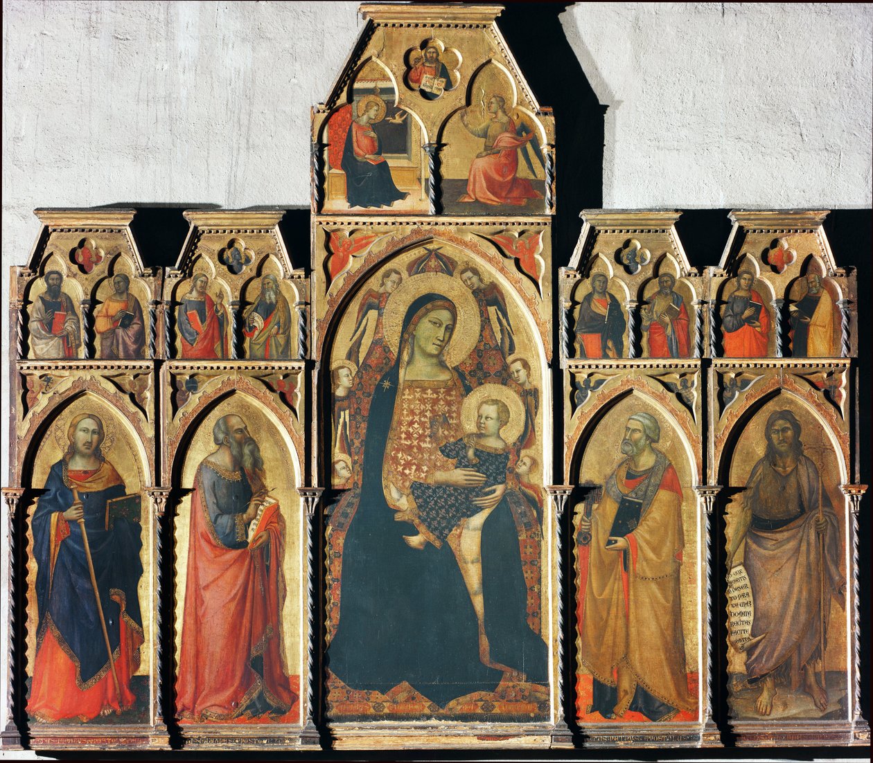 Jomfru med barn med Jakob den store, Johannes evangelisten, Peter og Johannes Døberen - tempera på panel, 1350-1353 af Taddeo Gaddi