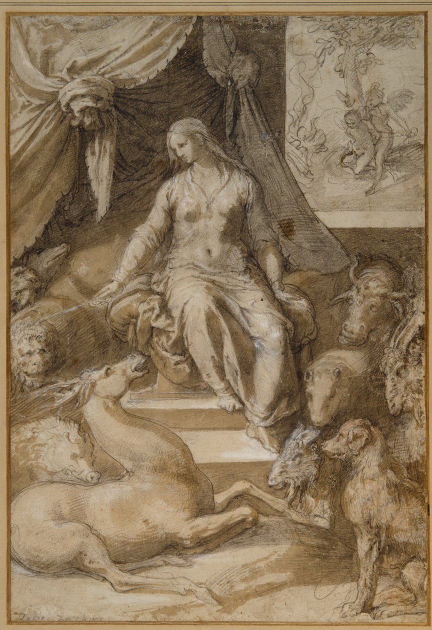 Circe siddende, de forheksede argonauter transmogrificeret (sort kridt med brun vask & hvid kropsfarve på papir) af Taddeo Zuccaro