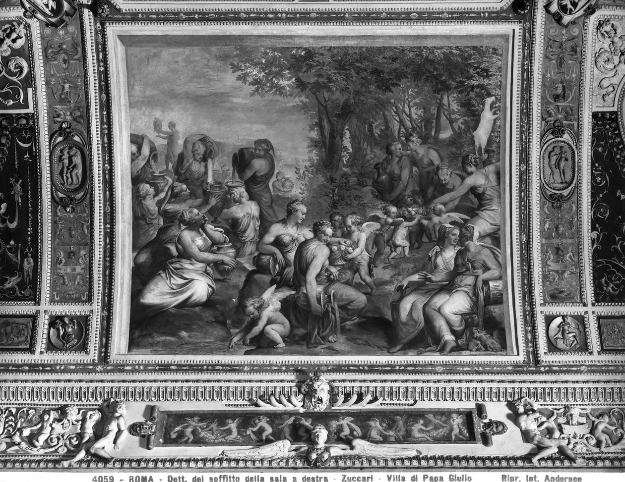 Scene med nymfer, detaljer fra loftet i et selskabslokale, Villa Giulia, Rom (fresco) af Taddeo Zuccaro