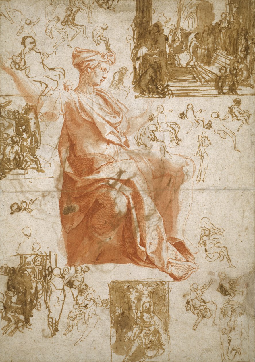Ark med studier til forblænding af Elymas, offer i Lystra og en hellig familie, ca. 1558 af Taddeo Zuccaro