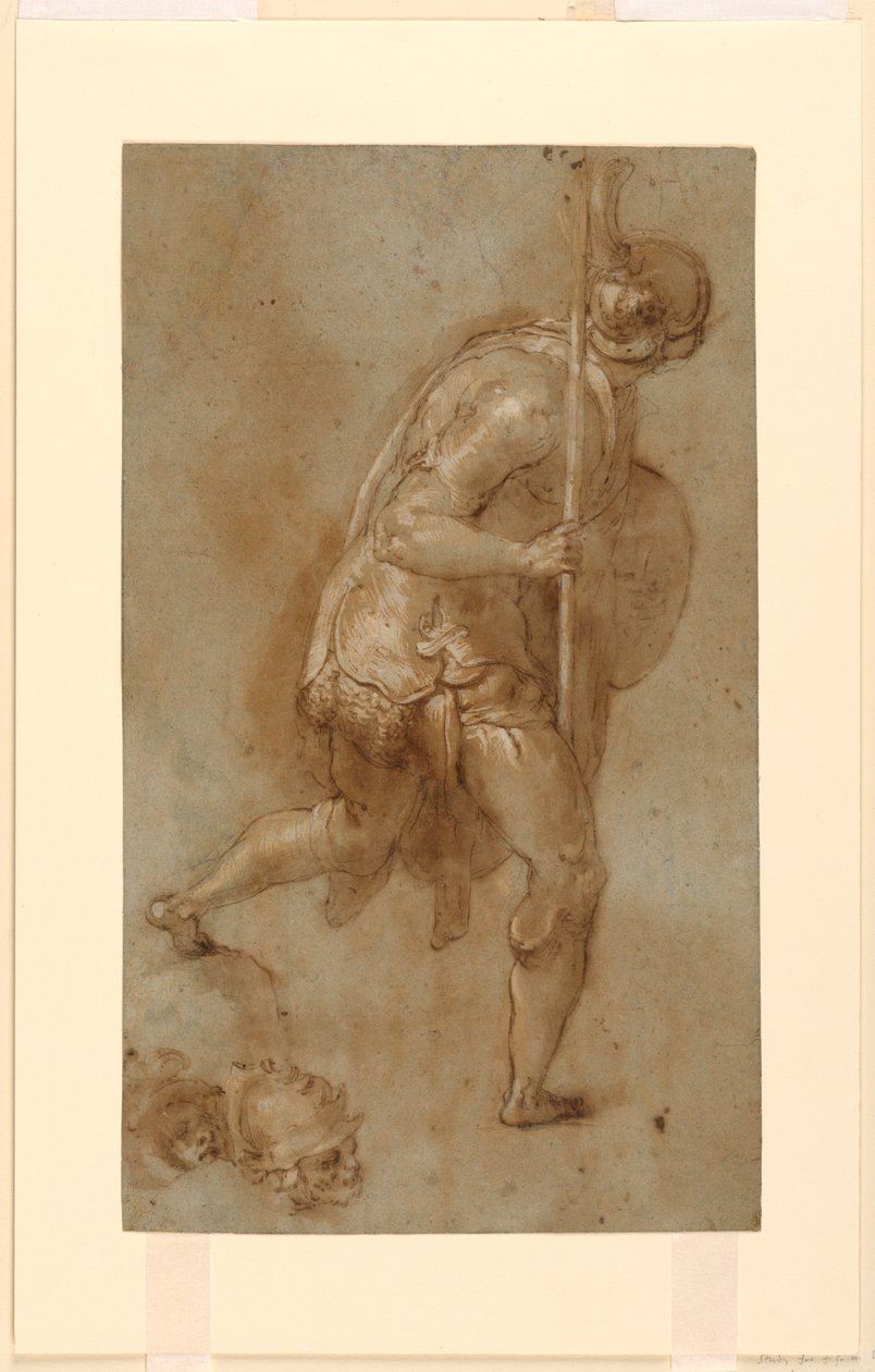Soldat Running: Studie for figur i venstre forgrund, "Forræderi mod Kristus," Rom, S. Maria della Consolazione, Matttei Chapel; Separate undersøgelser af to hoveder af Taddeo Zuccaro