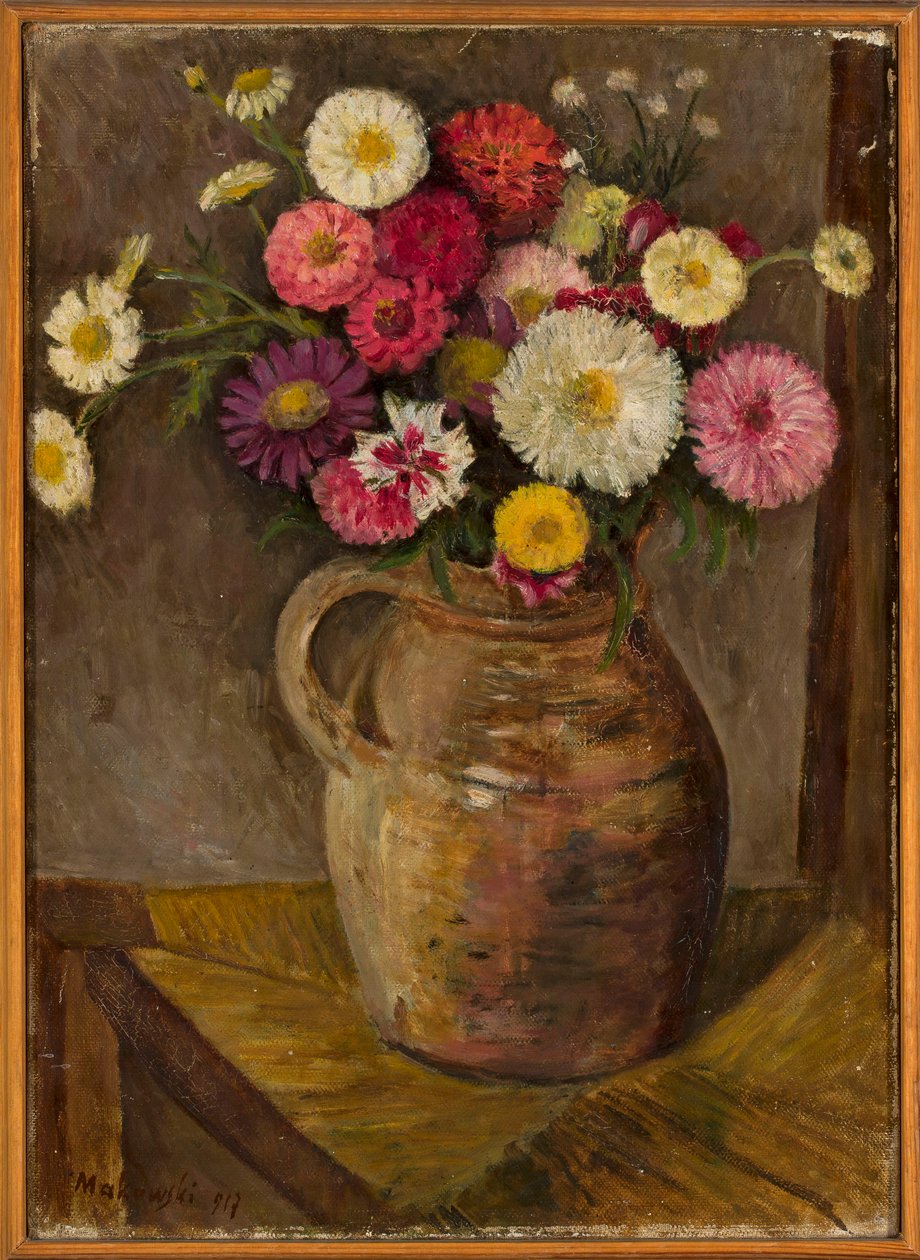 Asters og zinniaer i en lerkrukke af Tadeusz Makowski