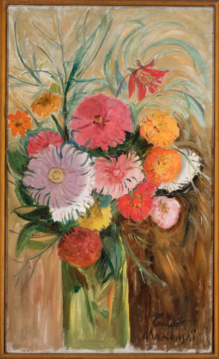 Zinniaer og asters i et glas af Tadeusz Makowski