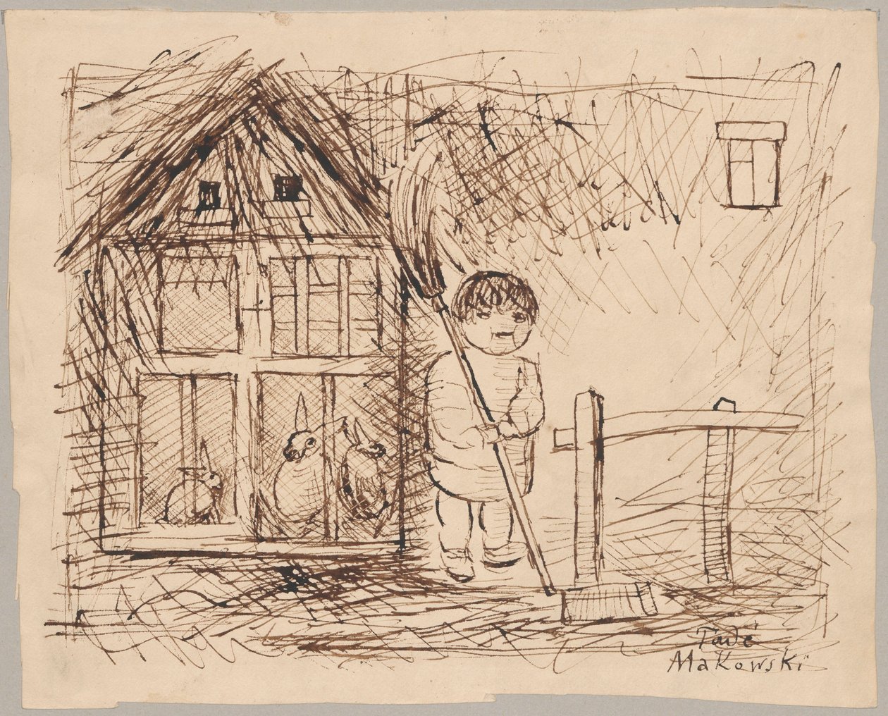 Barn under et bur med kaniner af Tadeusz Makowski