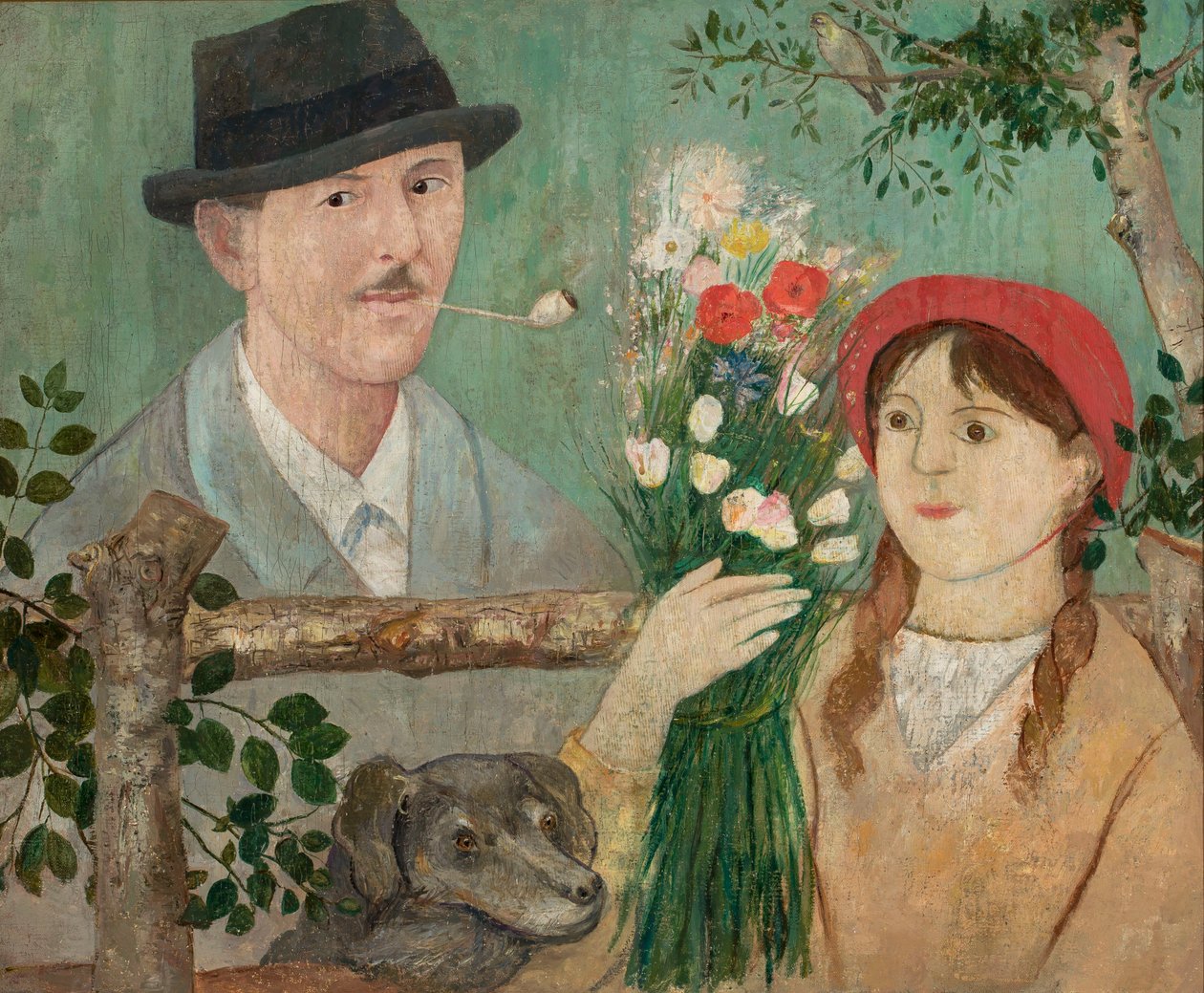 Idyl ved hegnet (Selvportræt, pige med blomster og hund) af Tadeusz Makowski