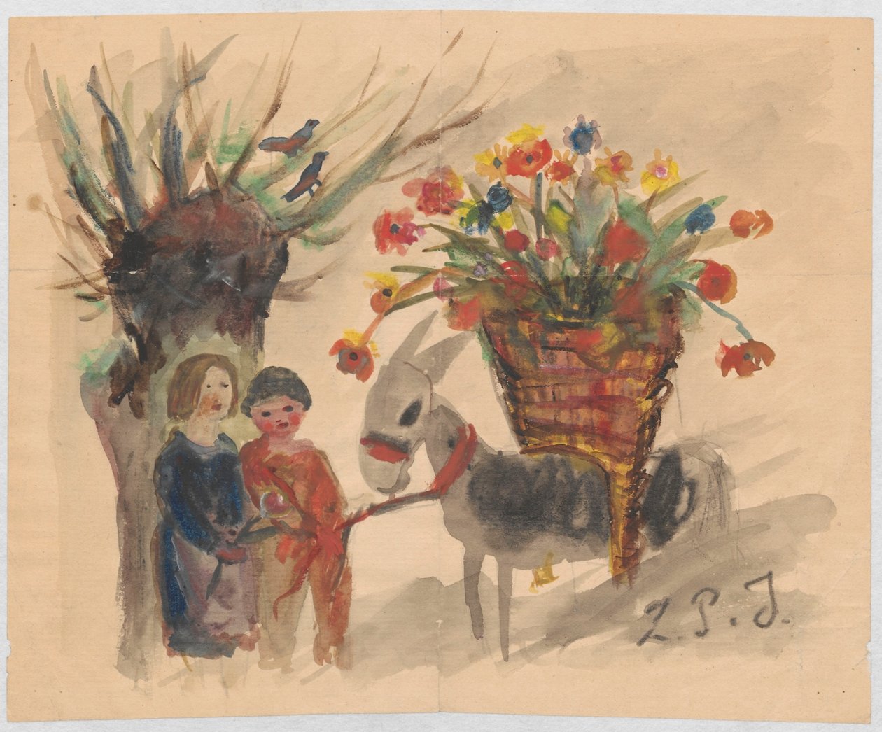 Et navnedagskort til Maria Mickiewiczówna med en tegning, der forestiller to børn, der fører et æsel med en stor kurv med blomster på ryggen af Tadeusz Makowski