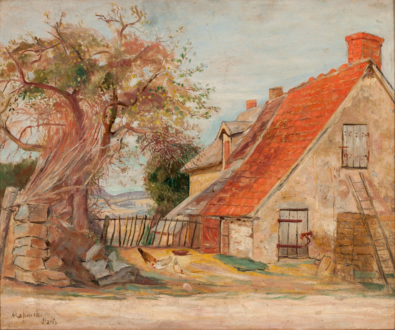 Landskab med et hus og fjerkræ af Tadeusz Makowski