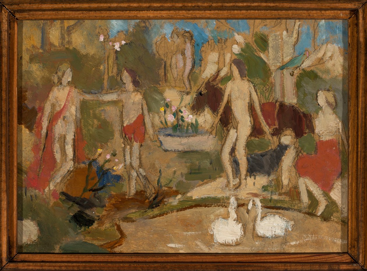 Havescene med figurer og svaner af Tadeusz Makowski