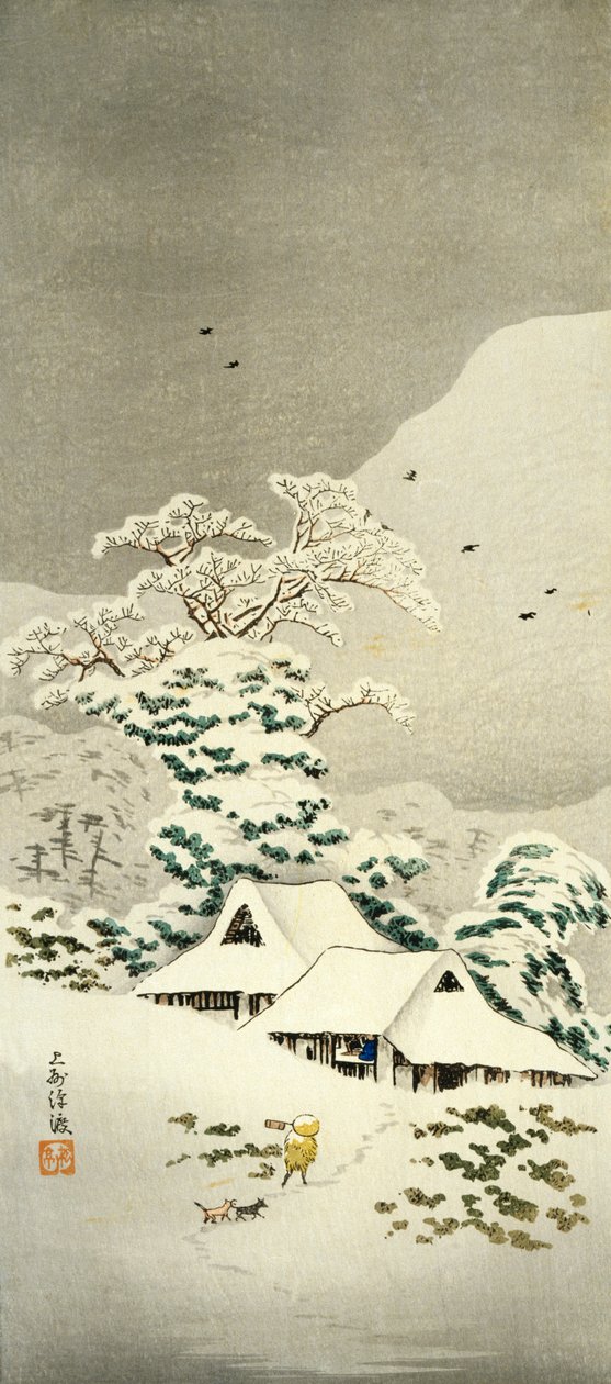 Scene i sne i Sawatari i Joshu-distriktet, ca. 1930, af Takahashi Shotei (1871-1945), o-tanzaku-formet træsnit, 38,1 x 17,1 cm, japansk civilisation, Meiji-Showa-perioden af Takahashi Shotei
