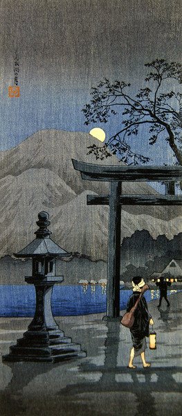 Lanterne og Torii-porten (farvet træbloktryk) af Takahashi  Hiroaki