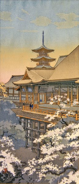 Tempel og træ i blomst (træbloktryk i farver) af Takahashi  Hiroaki