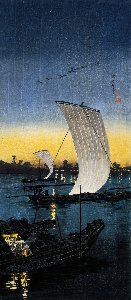 Sekiyado aftenudsigt, ca. 1930 (O-tanzaku træsnit) af Takahashi  Hiroaki
