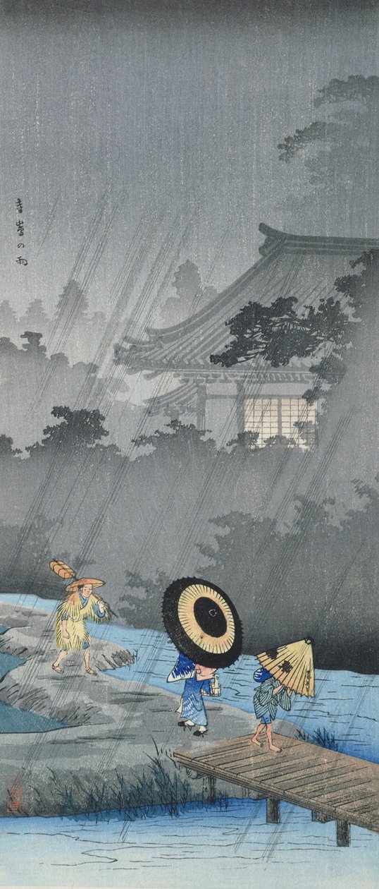 Tre figurer i regnen (træbloktryk i farver) af Takahashi  Hiroaki