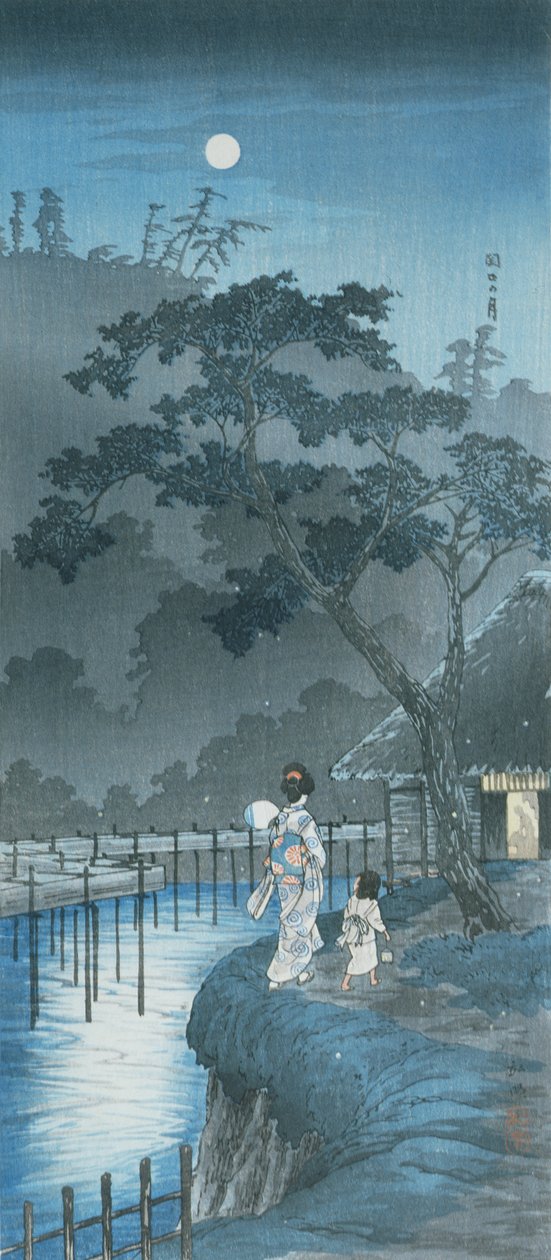 Kvinde, barn og måne (træbloktryk i farver) af Takahashi  Hiroaki