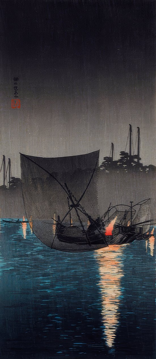 Tsukuda Island, fiskenet om natten af Takahashi Hiroaki