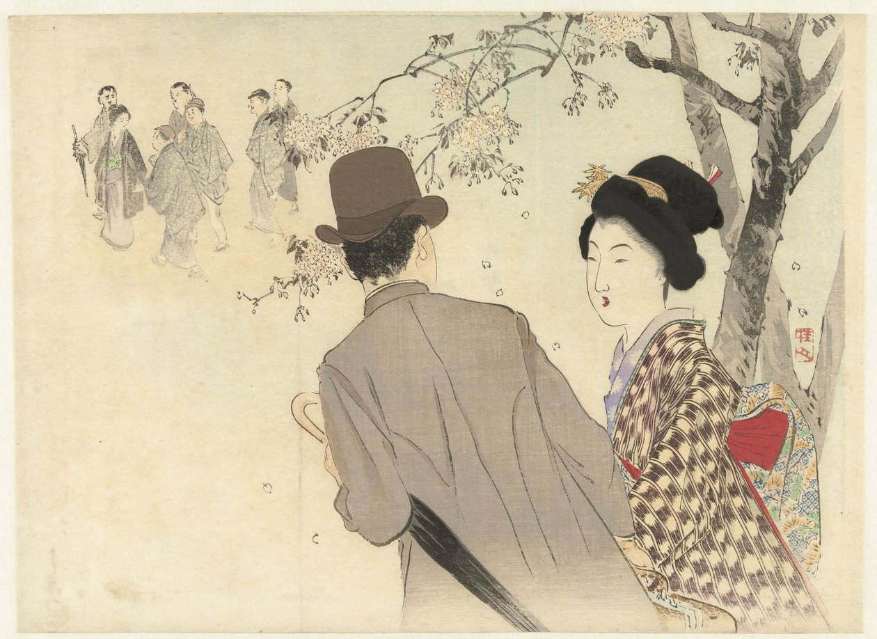 Mand med bowlerhat og paraply og dame i kimono af Takeuchi Keishū