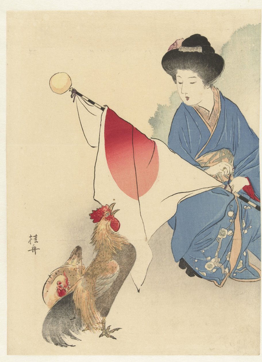 Kvinde med japansk flag og en hane af Takeuchi Keishū